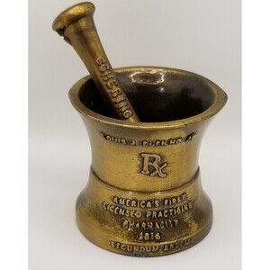 Vintage brass mortar and pestle Schering promotional item